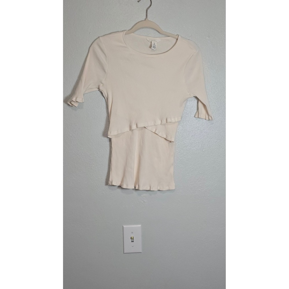 H&M MAMA Maternity Nursing Shirt Cream Ribbed Lettuce Edge Top Large stretchy